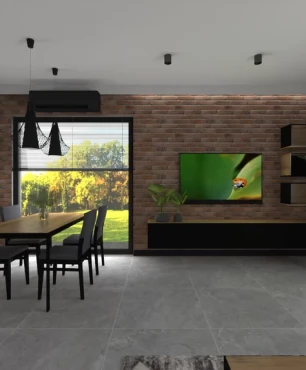 Salon z telewizorem na ścianie z cegły