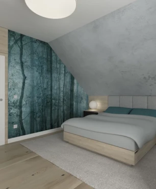 Sypialnia ze skosami i tematyczną tapetą na ścianie