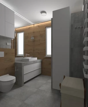 Łazienka z płytkami z imitacją drewna z oknem i pralką