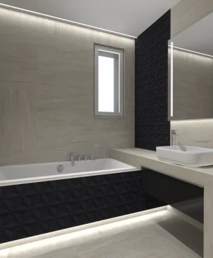 Nowoczesna łazienka z wanną w zabudowie z płytkami 3d