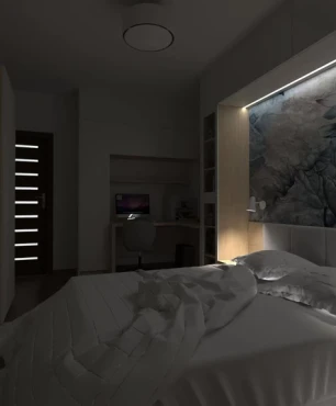 Sypialnia w aranżacji nocnej z tapetą w kwiaty na ścianie