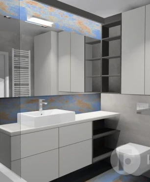 Projekt łazienki z meblami w zabudowie i z wanną z funkcją prysznica