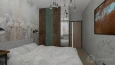 Sypialnia z tapetą w ptaki na ścianie za łóżkiem kontynentalnym