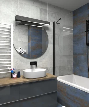 Łazienka z wanną z funkcją z prysznicem i z płytkami z efektem rdzy
