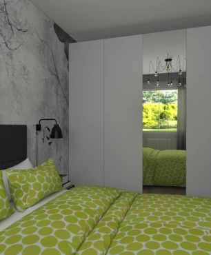 Sypialnia w stylu loft z szarą tapetą na ścianie