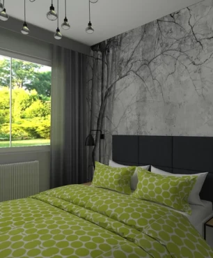 Sypialnia z szarym, tapicerowanym łóżkiem kontynentalnym w stylu loft