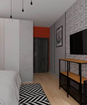 Nowoczesna sypialnia z czarno-białą tapetą na ścianie