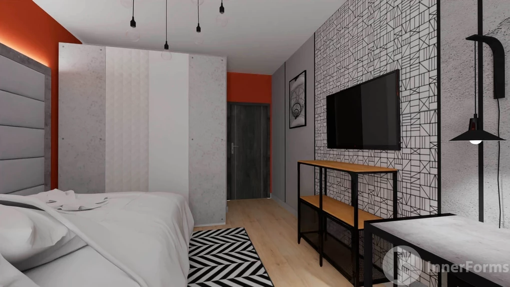Nowoczesna sypialnia z czarno-białą tapetą na ścianie