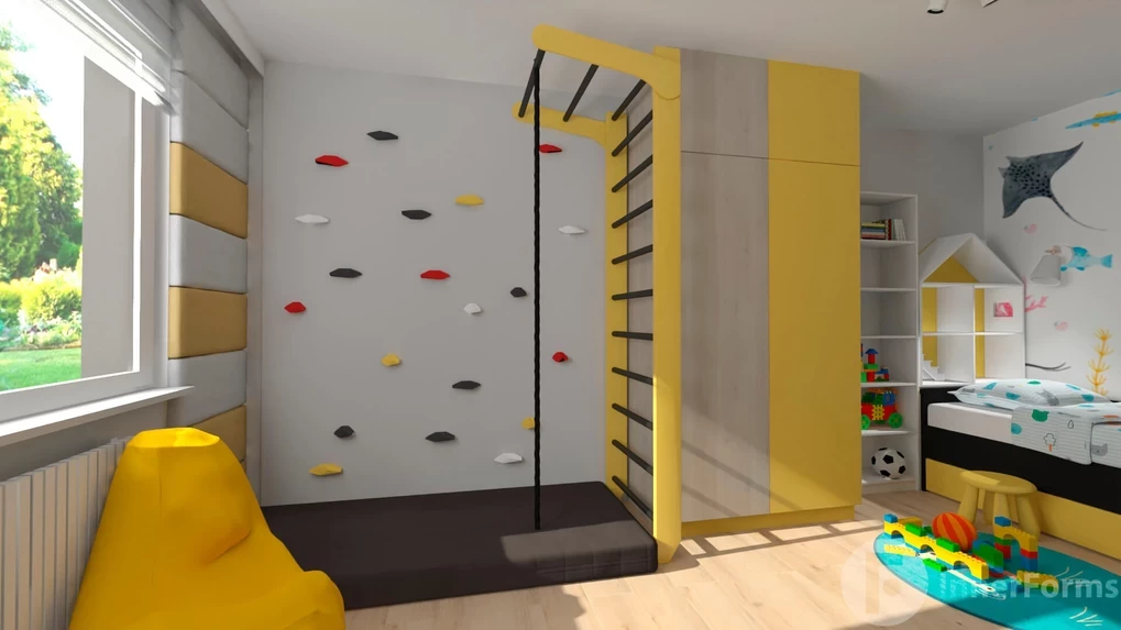 Ściana do wspinaczki z drabinkami w pokoju dziecięcym