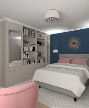Projekt sypialni z łóżkiem kontynentalnym i różowym fotelem