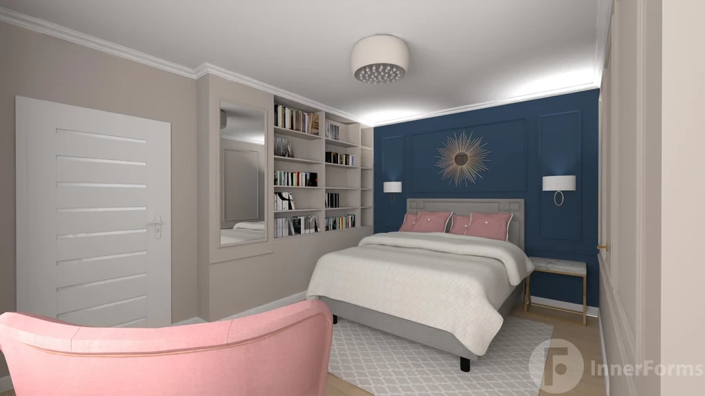 Projekt sypialni z łóżkiem kontynentalnym i różowym fotelem