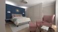 Sypialnia z granatowo-beżowymi ścianami
