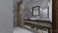 Łazienka z drewnianą szafka w ścianie