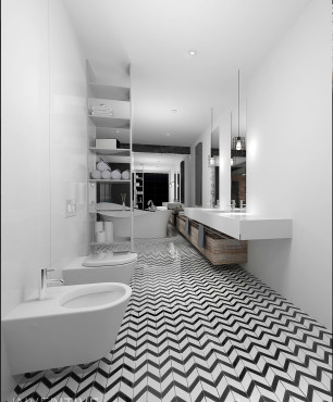 Długa łazienka w kolorze czarno-białym