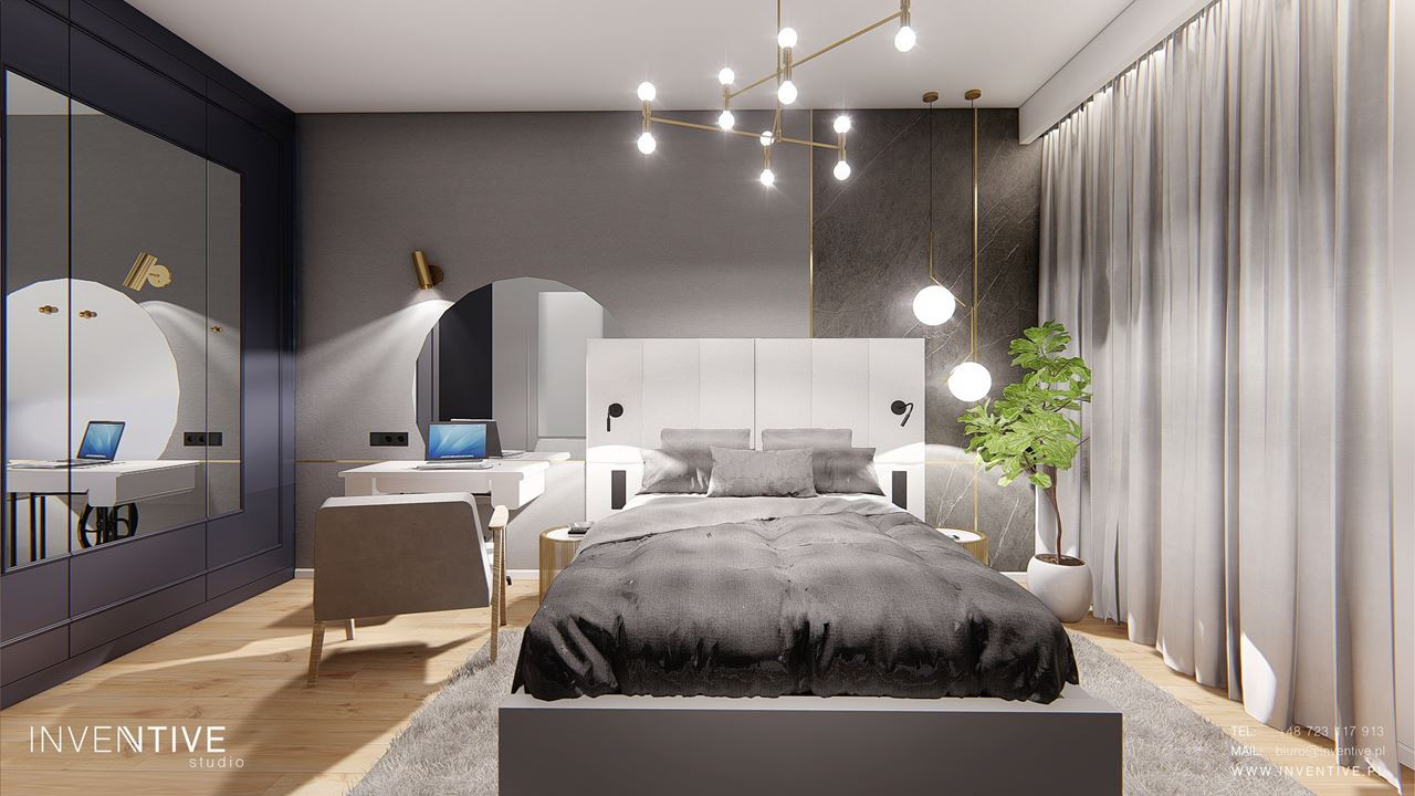 Projekt sypialni z tapicerowanym łóżkiem kontynentalnym