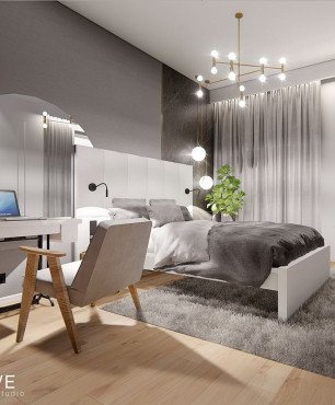 Projekt sypialni w stylu Art Deco z białym łóżkiem kontynentalnym