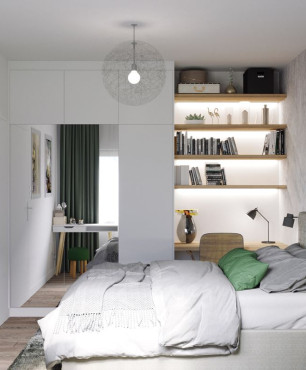 Sypialnia z łóżkiem kontynentalnym, z biurkiem i podświetlanymi półkami