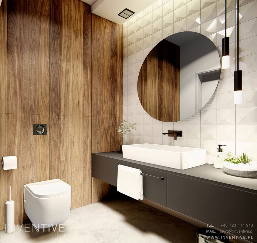 Ściana z imitacją drewna w łazience z okrągłym lustrem