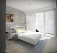 Sypialnia z białym łóżkiem kontynentalnym i z szarymi ścianami