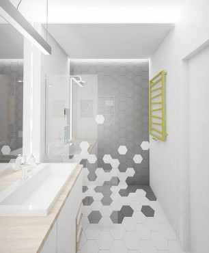 Aranżacja łazienki ze wzorem heksagonalnym pod prysznicem