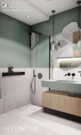 Projekt łazienki z prysznicem typu walk - in i z zielonymi ścianami
