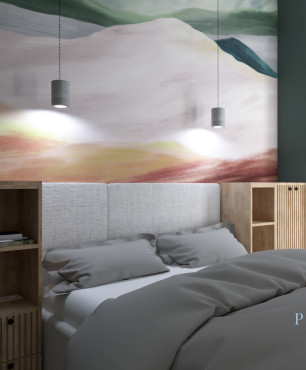 Sypialnia z szarym, tapicerowanym łóżkiem kontynentalnym i drewnianymi szafkami w zabudowie