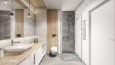 Łazienka z biało-drewnianymi płatkami i szarą podłogą