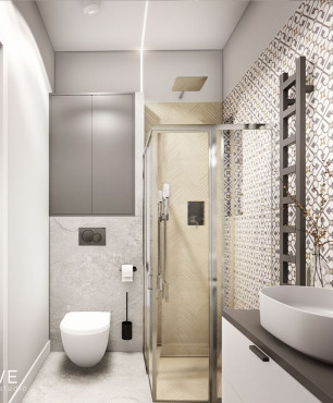 Aranżacja małej łazienki z prysznicem i okrągłym lustrem