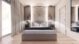 Sypialnia z podświetlaną ścianą nad łóżkiem kontynentalnym