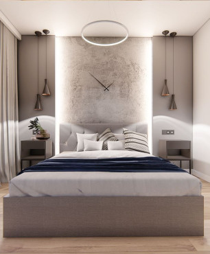 Sypialnia z podświetlaną ścianą nad łóżkiem kontynentalnym