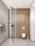 Projekt łazienki z szaro-drewnianymi ścianami