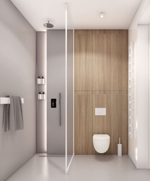 Projekt łazienki z szaro-drewnianymi ścianami