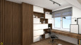 Projekt biura na poddaszu z drewnianymi meblami