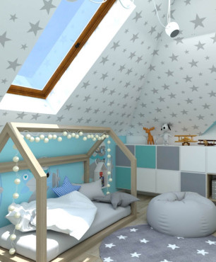 Aranżacja pokoju dziecięcego z niskim łóżkiem typu domek