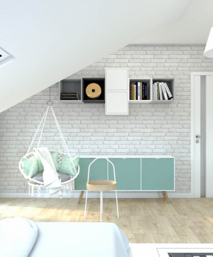 Pokój nastolatka z cegłą na ścianie i huśtawką zamontowaną do sufitu