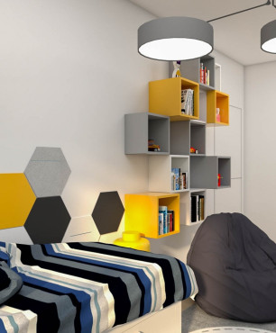 Pokój nastolatka ze wzorem heksagonalnym nad łóżkiem