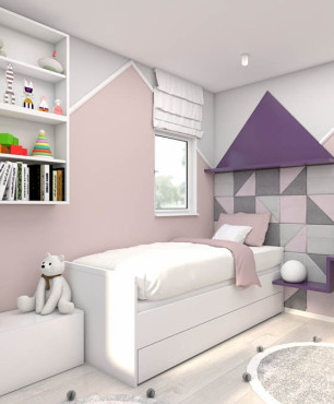 Pokój dziecięcy z różowymi-szarymi ścianami z białym łóżkiem