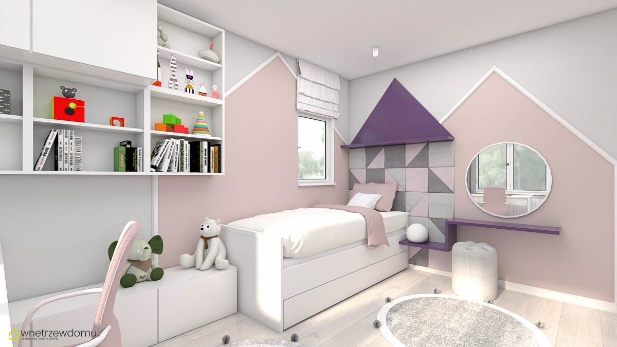 Pokój dziecięcy z różowymi-szarymi ścianami z białym łóżkiem