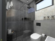 Łazienka z prysznicem typu walk - in z szarymi płytkami i z muszlą wiszącą